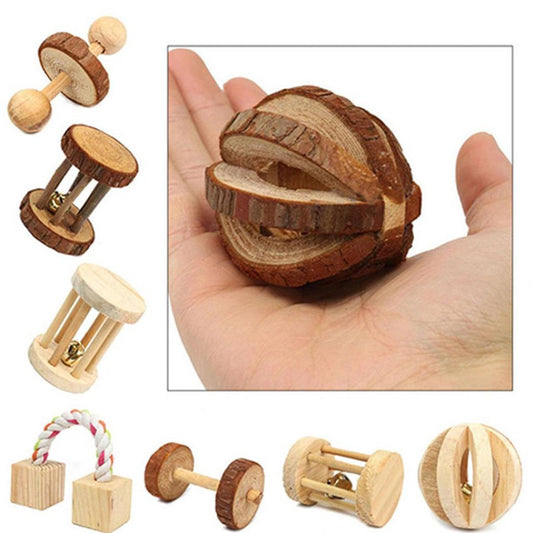 Cute Natural Wooden Rabbits Toys Pine Dumbells Unicycle Bell Roller